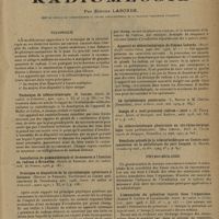 0899 - Page 897 - Analyses et indications bibliographiques. Radiumlogie ; par Simone Laborde... / Technique / Technique de télécuriethérapie. (R. Coliez, Journ. de radiol. et d'électrol...) / Principes et dispositifs de la curiethérapie extérieure à distance (Bruzau et Ferroux. Conférence au Centre anti-cancereux de Strasbourg, nov. 1926. Journ. de radiol. et d'électrol...) / Appareil de télécuriethérapie de Simone Laborde. (Revue Gaiffe-Gallot-Pilon...) / Physio-biologie / L'émanation du polonium injecté dans l'organisme (Jeanne S. Lattes et Lacassagne. Journ. de radiol. de l'électrol...)