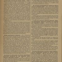 0938 - Page 936 - Sociétés savantes. Société de biologie. (Séance du 1er juin 1929). Les lésions cérébrales chez les lapins immunisés contre le virus herpétique, leur ressemblance avec les altérations trouvées dans le névraxe de certains aliénés. MM. S. Nicolau, P. Guiraud et Mme Kopciowska / Herpès expérimental et immunité. M. S. Nicolau et Mme L. Kopciowska / Les filtrats de voiles jeunes de cultures tuberculeuses (ultravirus) exercent-ils un effet protecteur contre l'infection tuberculose virulente. MM. J. Valtis et A. Saenz / Effets conjugués de l'ultravirus tuberculeux et de l'inoculation du B. C. G. chez le cobaye. MM. J. Valtis et A. Saenz / Des variations morphologiques de l'appareil de Golgi au cours de la sécrétion rénale. M. E. Truc / A propos de la prétendue toxicité de galactose. Utilisation physiologique comparée du glucose et du galactose par l'organisme du pigeon. Mme L. Randoin et M. R. Lecoq / Propriétés agglutinantes du sérum de lapins préparés à l'aide de streptocoques entraînés par culture en filtrat d'urine de scarlatin. MM. E. Sacquépée, M. Liégeois et J. Fricker