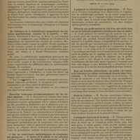 1058 - Page 1056 - Sociétés savantes. Société de biologie. (Séance du 15 juin 1929). Sur l'agglutination des streptocoquus scarlatineux et scarlatineux. MM. E. Sacquepée, M. Liégeois et J. Fricker / De l'influence de la radiothérapie sympathique sur certaines manifestations cutanées de la syphilis. MM. Gouvic, Bienvenue et Daoulas... / Nouvelles recherches ultramicroscopiques sur les cellules végétales. M. A. Guilliermond / 1° Sur les constituants morphologiques du cytoplasma des spirogyres. 2° Action de la caféine et des colorants « vitaux » usuels sur la cellule des spirogyres. M. G. Mangenot / Election. M. Mutermilch / Société des chirurgiens de Paris. (Séance du 19 avril 1929). A propos de la radiothérapie en gynécologie. M. Petit de la Villéon / Réfection par greffe osseuse du toit d'un néo-cotyle dans un cas de luxation congénitale douloureuse chez un adulte. M. Judet / Deux cas d'ostéite tuberculeuse « en grelot » de l'extrémité inférieure du radius tardivement ouverte dans l'articulation. M. Roederer / Abcès de l'utérus. M. Haller / A propos des fractures de la rotule. M. Trèves / De la mastopexie costale transpectorale par voie périaréolaire. M. Dartigues