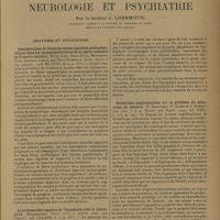 1099 - Page 1097 - Analyses et indications bibliographiques. Neurologie et psychiatrie ; par le Docteur J. Lhermitte... Anatomie et physiologie. Démonstration de fibres nerveuses spéciales parasympathiques dans les racines postérieures de la région lombaire de la moelle épinière. (Kuré, Ken, Yosio Nitta, Morimassa Tuzi, Kensaku Siraisi dans Binzi Suyenaga. Quart. Journ. of exp physiol...) / Le problème des rapports de l'hypophyse avec le diencéphale. (Mogilnitzky. Virch. Arch. f. pathol. Anat. und Physiol...) / Recherches expérimentales sur le problème du mécanisme du sommeil. (G. Marinesco, O. Sager et A. Kreindler. Zeit. f. d. g. Neurol. und Psych...)