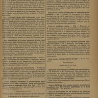 1239 - Page 1237 - Sociétés savantes. Société des chirurgiens de Paris. (Séance du 21 juin 1929). Luxation congénitale de la hanche. Etude des malformations osseuses dans 100 cas non encore traités. M. Massart, sur un travail de M. Robert Soutter... / Luxation congénitale de la hanche. Une opération pour cotyle défectueux. M. Massart, sur un travail de M. Robert Soutter... / Hémi-colectomie droite pour dolichocôlon droit avec péri-colite. M. Victor Pauchet / Deux observations de fracture spontanée de côte, dont un cas suivi d'd'abcès froid au bout de douze mois. M. Séjournet / Hématocèle rétro-utérine d'origine ovarienne. M. Haller / A propos des appendicites tuberculeuses. M. Muller... / Cancer d'estomac établissant la communication entre l'estomac et le côlon transverse. Abcès péri-gastrique. Gastrectomie et colectomie faites d'un bloc. M. Victor Pauchet / Société des sciences médicales & biologiques de Montpellier et du Languedoc méditerranéen. (Séance du 21 juin 1929). Deux cas de pemphigus oculaire. MM. H. Villard, Ch. Dejean et J. Duponnois / Envahissement de la trachée par un épithélioma thyroïdien et métaplasie épidermoïde du revêtement cilié de ce conduit. M. E. Grynfeltt / Dissociation humoro-clinique chez un tabétique ancien paludéen. MM. J. Euzière, H. Viallefont et A. Ratie / Tabes et paludisme ancien. MM. J. Margarot et M. Janbon / Distribution singulière d'un érythème pigmenté calorique des jambes. M. J. Margarot / (Séance du 28 juin 1929). Syphilides tuberculeuses arciformes chez une tabétique. M. Margarot et Mlle Lafourcade / Triplégie spastique avec crises d'épilepsie sous-corticale, déchéance intellectuelle et lésions du fond d'oeil. Maladie de Schilder. MM. E. Leenhardt, J. Chaptal, Mme P. Lonjon et M. A. Balmes