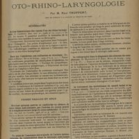 1361 - Page 1361 - Analyses et indications bibliographiques. Oto-rhino-laryngologie ; par M. Paul Truffert... Généralités. Action hémostatique des rayons X en oto-rhino-laryngologie. (J. Cannuyt. Ann. mal. or...) / Essai sur l'éphédrine ; son utilisation en rhinologie. (Rivière et Barat. Revue de laryng...) / Fosses nasales et sinus. Névrites optiques guéries ou améliorées en absence de toute lésion naso-sinusale, par l'exérèse du cornet moyen et la simple ouverture large du sinus sphénoïdal. (E. Escat. Ann. des mal. de l'oreille...) / Un point de l'anatomie chirurgicale de l'artère sphénopalatine. Sa vulnérabilité dans la chirurgie endo-nasale profonde. (A. Viela et M. Escat. Ann. des mal. de l'oreille...) / La radiographie dans le diagnostic des sténoses du nasopharynx. (G. Matinaud et P. Kagi. Revue de laryng...) / Le traitement des épithéliomas du massif facial et les travaux récents. (Hautant. Ann. des mal. de l'oreille...)