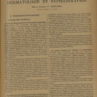 1461 - Page 1465 - Analyses et indications bibliographiques. Dermatologie et syphiligraphie ; par le Docteur P. Castinel. I. Dermatologie. Pathologie générale. Le rôle de l'idiosyncrasie et de l'allergie en dermatologie. (Bruno Bloch. Arch. of dermatol. and syph...) / A propos d'un cas d'idiosyncrasie à l'oeuf. Recherches sur le rôle de l'allergie et de l'idiosyncrasie dans quelques dermatoses, l'eczéma en particulier. (Bruno-Bloch et Gay Brieto. Ann. de dermatol. et de syph...) / Les aspects cliniques de l'allergie en dermatologie. (Klauder. Arch, of dermatol. and syph...) / Recherches expérimentales sur l'allergie et l'immunité trichophytiques. (E. Rivalier. Ann. de dermatol. et de syph...)
