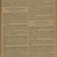 1817 - Page 1825 - Sociétés savantes. Académie des sciences. (Séance du 2 décembre 1929). Causes et conséquences de la surdité de Beethoven. M. Marage / Mécanisme d'action du bistouri électrique à haute fréquence (effets thermiques et mécaniques des courants de haute fréquence sur les tissus). MM. Ch. Champy et Heitz-Boyer / Société médicale des hôpitaux. (Séance du 29 novembre 1929). Absence d'hypertrophie cardiaque dans certains cas d'hypertension permanente. M. Ch. Aubertin / Sur le diagnostic des cavernes cancéreuses du poumon. MM. P. Ameuille et R. Huguenin / Dextrocardie considérable avec rigidité médiastinale consécutive à une hydro-pneumothorax, dont l'épanchement n'a pas été ponctionné. MM. Rist, Hurschberg et Périn / Essai d'interprétation des images radiologiques triangulaires dites de pleurésie médiastine, se superposant aux bronchectasies. MM. Bezançon, Azoulay, Weismann-Netter et Oumansky / Le traitement des eczémas, maladies de sensibilisation. MM. H. Jausion, P. Cot et Somier / Société de chirurgie. (Séance du 4 décembre 1929). Arthrodèse extra-articulaire par greffe, appliquée à l'articulation de l'épaule. M. Sorrel / Lésions traumatiques complexes des deux membres supérieurs. M. Mouchet, cette observation de M. Grinda / Maladie de Kümmel-Verneuil. M. Mouchet, sur trois observations de M. Guillemin... / Orchi-épididymite aiguë traumatique produite par contraction violente du crémaster. M. Botreau-Roussel / Torsion de l'ovaire. M. Auvray, sur cette observation de M. Murard...