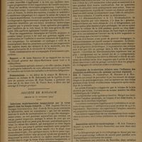 1839 - Page 1847 - Sociétés savantes. Académie de médecine. (Séance du 17 décembre 1929). L'hygiène et les stations thermales et climatiques. M. Barbary / Techniques chirurgicales nouvelles. M. Maurice Sourdille... / Rapport. M. Jules Renault / Présentations. M. Hutinel, un volume de M. Babonneix / Société de biologie. (Séance du 30 novembre 1929). Infections expérimentales inapparentes par le virus amaril chez les singes réceptifs. MM. Auguste Pettit et Georges Stefanopoulo / Le rôle du poids moléculaire dans l'action cholagogue des acides aromatiques : action du dibromosalycylate et du diiodosalicylate de sodium. MM. E. Chabrol, R. Charonnat, M. Maximin, J. Porin et M.-E. Piettre / Variations de la sécrétion biliaire sous l'influence des alcaloïdes modificateurs du système nerveux végétatif. MM. E. Chabrol, R. Charonnat, M. Maximin et A. Bocquentin / Association antivirus bactériophage. M. Ach. Urbain, au nom de M. Pierre Rosenthal / Tuberculose atypique du cobaye avec tumeurs et suppurations ganglionnaires. MM. Paisseau et Oumansky