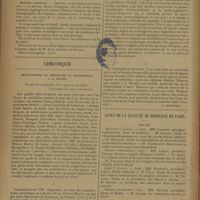 1874 - Page 1882 - Informations. Assemblée générale de l'association nationale des médecins mutilés et pensionnés de guerre / Hôpital Laennec. Service d'oto-rhino-laryngologie / Chronique. Inauguration du médaillon du Professeur J.-A. Sicard / Actes de la faculté de médecine de Paris. Thèses