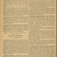 0050 - Page 42 - Sociétés savantes. Société de biologie. (Séance du 20 décembre 1929). Modifications de l'excitabilité d'un nerf centripète consécutives à des interventions sur d'autres nerfs. Durée de ces modifications. M. et Mme Chauchard / Rapport des protéines et lipides dans le sérum / Sur des races de bactériophages virulents pour les streptocoques. M. V. Sertic / Sur des races de bactériophages virulents pour bacterium prodigiosum. M. N. Boulgakow / Société de neurologie. (Séance du 5 décembre 1929). Macrogénitosomie précoce. M. Heuyer et Mlle Vogt / Syndrome protubérantiel. MM. Brodin et Delaporte / Exophtalmie unilatérale isolée ne faisant la preuve de son origine basedowienne que par l'élévation du métabolisme basal. MM. Faure-Beaulieu et Velter / Hypersomnie périodique rythmée par les règles dans un cas de tumeur basilaire du cerveau. MM. J. Lhermitte et N. Kyriaco / Existence d'une dissociation dite corticale des troubles de la sensibilité par atteinte bulbo-protubérantielle et médullaire supérieure. M. Gustave Roussy et Mlle Gabrielle Lévy