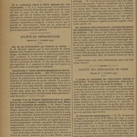 0082 - Page 74 - Sociétés savantes. Société de biologie. (Séance du 4 janvier 1930). De la vaccination contre la fièvre aphteuse par voie intracutanée. M. A. L. Scomorokhoff / Société de thérapeutique. (Séance du 11 décembre 1929). Sur un cas d'intoxication par l'hydrate de chloral. M. H. Busquet / Contribution à l'étude pharmacodynamique du chlorhydrate de pseudococaïne droite. MM. Fernand Mercier et Jean Regnier / A propos d'un cas d'angine diphtérique chez un enfant de huit ans, correctement vacciné depuis six mois. Nécessité d'une vaccination pré-scolaire. M. André Tardieu / La méthode concentrique dans le traitement des psychonévroses. M. Laignel-Lavastine / Les injections intra-musculaires autohémothérapiques sont hémostatiques ; leur curieuse action dans l'hémorragie cérébrale. M. Artault... / Société des chirurgiens de Paris. (Séance du 15 novembre 1929). A propos du traitement des tuberculoses osseuses et articulaires. Traitement de la tuberculose ostéo-articulaire du genou par l'incrustation de greffons. M. Dupuy de Frenelle / La chirurgie des emphysémateux. M. Ch. Buizard, sur un travail de M. Bossy... / Diagnostic topographique des appendicites aiguës. M. Bonnet, sur un travail de M. Deolindo A. Pasqualis...
