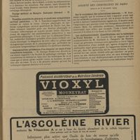 0121 - Page 113 - Sociétés savantes. Société de médecine de Paris. (Séance du 23 novembre 1929). Le traitement immédiat des blessures de la face. M. Dufourmentel / Troubles sensitifs du pharynx et syndrome sympathique cervical postérieur. M. J. Tarneaud / Contamination paludéenne d'un donneur au cours d'une transfusion sanguine. M. Georges Rosenthal / Sur l'électrolyse en dermatologie. M. A. Scheikeivitch / Société des chirurgiens de Paris. (Séance du 6 décembre 1929). Sur le traitement des tuberculoses osseuses. M. Roederer / Les cholécystostomies. Considérations sur la technique de Victor Pauchet. M. Luquet, sur une communication de M. Doelindo A. Pasqualis...