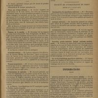 0191 - Page 183 - Sociétés savantes. Académie de médecine. (Séance du 28 janvier 1930). Chirurgie gastro-intestinales à l'aide du bistouri diathermique (gastrectomies, colectomies, gastro-entérostomies. M. Victor Pauchet / Société de chirurgie. (Séance du 22 janvier 1930). Trois cas d'iléus biliaire. M. Auvray, observations de M. Jean Quénu / Tumeur de la moelle. M. Robineau, observation de M. Yves Delagénière... / Inversion utérine. M. Cadenat, observation du Docteur Meslay... / Tumeur musculaire. M. Auvray / Présentation de malades. M. Alglave / Société de stomatologie de Paris. (Séance du 21 janvier 1930). Ostéomyélite du maxillaire inférieur. M. L'Hirondel / Lithiase salivaire. M. Schaeffer / Articulation temporo-maxillaire. M. Olivier / Pyorrhée avéolo-dentaire. Rappel anatomo-pathologique. M. Vincent / Un cas de fracture du maxillaire inférieur. M. Fleury / Informations. (suite). Hôpital-hospice de Saint-Denis (Seine) / Société de thérapeutique. Prix Antoine Courtade