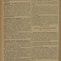0250 - Page 242 - Sociétés savantes. Société de biologie. (Séance du 1er février 1930). Action des eaux minérales (sulfatées et bicarbonatées) sur le coeur isolé de Hélix Pomatia. MM. Mougeot et Aubertot / Recherches sur les complexes strychnine-savons (cryptostrychnine). M. Léon Velluz / Pneumothorax ouvert expérimental. MM. Charles Richet fils, Pierre Gley et Terrenoire / Rhumatisme infectieux polyarticulaire spontané de la souris provoqué par le « Streptobacillus moniliformis ». MM. C. Levaditi et F.-R. Selbie / Etude oscillographique des ondes faradiques liminaires émises par les bobines à gros fil et à fil fin. MM. A. Strohl et H. Desgrez / Propriétés thérapeutiques du sérum de convalescents de choléra. MM. Ukil et Thakurta / Société des chirurgiens de Paris. (Séance du 10 janvier 1930). Ouverture dans la vessie des abcès appendiculaires. M. Barbarin / A propos d'un cas de cancer du médiastin. M. Hautefort / La thrombose chronique splénique. M. Ch. Buizard, un travail de M. S. de Dziembovskz... / A propos d'une observation de coxa-vara. M. Mayet