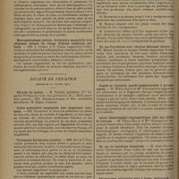 0346 - Page 338 - Sociétés savantes. Société de neurologie. (Séance du 9 janvier 1930). Syndrome répercussif sympathique régional d'origine auriculaire. MM. L. Cornil et P. Kissel / Macrogénitosomie précoce, hydrocéphalie et tremblement intentionnel. MM. L. Cornil, Hennequin, Kissel et Simonin / Macrogénitosomie précoce. Arriération mongoloïde avec adénomes sébacés du visage. Sclérose tubéreuse probable. MM. L. Cornil et P. Kissel / Société de pédiatrie. (Séance du 21 janvier 1930). Election du bureau / Atonie musculaire congénitale avec symptômes anormaux. MM. Babonneix et Sigwald / Traitement des hanches luxables. MM. Huc et N. Pouliquen / Sur la tolérance du nourrisson pour le gardénal. Mlle G. Dreyfus-Sée / Un cas d'acrodynie avec réaction méningée latente. MM. Marcel Lelong et Jacques Odinet / Angine et laryngite pseudo-membraneuses à pneumocoques. M. Weill-Hallé et Mlle Papaioannou / Ascite hémorragique cryptogénétique chez une fillette de trois ans. M. Weill-Hallé et Mlle Papaioannou / Un cas de lambliase intestinale. M. René Mathieu / Rhumatisme articulaire aigu à forme péritonéale. MM. Lesné et Clément Launay
