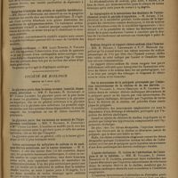 0557 - Page 549 - Sociétés savantes. Société médicale des hôpitaux. (Séance du 14 mars 1930). Sur une forme clinique de septicémie à streptocoques : la septicémie streptococcique à localisation musculaire. MM. P. Abrami et Robert Worms / Gangrène bilatérale des orteils et syphilis héréditaire. MM. Sézary et Hufnagel / Epilepsie cardiaque. MM. Louis Ramond, S. Vialard et G. Gay / Société de biologie. (Séance du 8 mars 1930). La glycémie porte chez le chien normal, inanitié, dépancréaté, phloriziné. MM. F. Rathery, R. Kourilsky et Mlle Yvonne Laurent / La glycémie porte. Ses variations au moment de l'hypoglycémie insulinique. MM. F. Rathery, R. Kourilsky et Mlle Yvonne Laurent / Action antitoxique du salicylate de sodium et de quelques dérivés substitués, sur la toxine tétanique. M. H. Vincent / La topographie et le mécanisme des douleurs de l'accouchement avant la période d'expulsion. M. Aburel / Sodium sanguin et rapport chlore-sodium chez l'homme. MM. H. Bénard, J. Lenormand et F.-P. Merklen / Sur le mécanisme de la polypnée provoquée par l'injection intraveineuse de la choline et de ses dérivés. MM. M. Villaret, L. Justin-Besançon et R. Cachera / L'apnée cholinique : II. Action de l'adrénaline, de l'atropine et de la lobéline. MM. M. Villaret, L. Justin-Besançon et R. Cachera