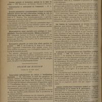 0658 - Page 650 - Sociétés savantes. Société médicale des hôpitaux. (Séance du 28 mars 1930). Epilepsie cardiaque. M. Lian / Broncho-pneumonie à pneumocoques n'ayant eu aucune influence nocive sur une tuberculose torpide en voie de cicatrisation chez une femme enceinte. MM. G. Caussade et P. Rudaux / Hépatonéphrite aiguë mortelle avec azotémie et hypochlorémie. Cure de rechloruration. Oedème pulmonaire. MM. Lemierre, Laudat et Rudolf / Eosinophilie pleurale au cours d'un abcès amibien du poumon. MM. V. de Lavergne, E. Abel et R. Debenedetti / Société de biologie. (Séance du 29 mars 1930). Tuberculose inflammatoire du cobaye à localisations multiples / Tuberculose fibreuse chez le cobaye. MM. Paisseau et Oumansky / Les limites de l'accoutumance au nitrate d'urane en injection sous-cutanée chez le lapin. MM. Garnier et Marek / L'influence de l'accouchement sur l'équilibre protéique du sérum. MM. Ch. Achard, M. Bariéty et A. Codounis / Lésions causées dans l'organisme animal par l'injection intraveineuse de la toxine de B. perfringens. MM. M. Weinberg et N. Combiesco