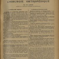 0701 - Page 693 - Analyses et indications bibliographiques. Chirurgie orthopédique ; par M. Lance... Tuberculose osseuse. Le mécanisme de la destruction tuberculseuse ostéo-articulaire. (Marcel Galland et Herman de Las Casas. Ann. d'anat. pathol...) / Les cuti-réactions locales à la tuberculine. Leur valeur diagnostique et pronostique. (G. Huc, Fitte et de Williencourt. Soc. de pédiatrie...) / L'opération de Robertson-Lavalle. Résultats de l'opération de Robertson-Lavalle. (J. Lascombe. Revue de chir...). L'opération de Robertson-Lavalle : résultats de 15 cas. (J. M. Vilardell. Arch. de med. cir y espec...) / L'opération de Robertson-Lavalle dans la tuberculose articulaire. (Alessandri. XIXe Congrès de la Soc. ital. d'orthop., Rome...). Tumeur blanche du genou traitée par la technique de Robertson-Lavalle. (P. Lombard [d'Alger]. Soc. de chir...). A propos de l'opération de Robertson-Lavalle. (H. Gandier. Réunion méd.-chir. des hôpit. de Lille..., in Presse méd...). Traitement des ostéo-arthrites tuberculeuses de la hanche et du genou par les greffes à la manière de Robertson-Lavalle. (C. de Nicola. Semana med...). Résultat de trois cas de greffes osseuses pour tuberculose ostéo-articulaire. (M. Bressot [Constantine]. Soc. des chir. de Paris...). Tumeur blanche du genou à forme fongueuse. Opération suivant la technique de Robertson-Lavalle. (P. Lombard [Alger]. Soc. de chir...). Trois cas d'arthrite tuberculeuse du genou traités par la méthode de Robertson-Lavalle. (L. Lamy. Soc. des chir. de Paris..., in Presse méd...). A propos du traitement des tuberculoses osseuses et articulaires : traitement de la tuberculose ostéo-articulaire du genou par l'incrustation de greffons. (Dupuy de Frenelle. Soc. des chir. de Paris...)