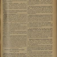 0767 - Page 759 - Sociétés savantes. Société de biologie. (Séance du 3 mai 1930). Premier essai d'application du photomètre de Vernes-Bricq-Yvon et de la méthode de précipitation au diagnostic sérologique de la syphilis et de la tuberculose par le phénol. MM. C. Ninni et R. de Blasio / Circulation cérébrale. Action de l'adrénaline. MM. Riser et Raymond Sorel / Circulation cérébrale et adrénaline. MM. Riser et Raymond Sorel / Spirochétose des dindonneaux. M. Stefanopoulo / Fièvre jaune. MM. A. Pettit, G. Stefanopoulo et E. Roubaud / Sur la propriété qu'ont les savons d'abaisser la tension artérielle. M. Maurice Renaud / Société des chirurgiens de Paris. (Séance du 7 mars 1930). Elimination spontanée par les voies naturelles d'une broche métallique avalée par un enfant de sept mois. M. Laurence / A propos de la vésiculographie. M. Luys / Butée osseuse pour luxation congénitale de la hanche. M. Raphaël Massart / Double uretère bilatéral. M. Aubourg / Des opérations substitués à l'enucléation et en particulier de l'amputation du segment antérieur du globe oculaire. M. Bourguet, un travail de M. Coutela... / Invagination subaiguë du côlon sigmoïde dans le rectum provoquée par un cancer sigmoïdien. M. Hautefort, observation de M. Pierre Laurent... / Tumeur inflammatoire de la cloison recto-vaginale. M. Devraigne, observation de M. Ehrenpreis... / Un cas d'épithélioma des os du pied et de la jambe secondaire à un cancer du sein opéré depuis trois ans et non récidivé. M. René Le Fur / Appendicite et salpingite droite ouvertes dans la vessie. MM. Barbet et Pasteau / Diverticule de l'anse sigmoïde. MM. Victor Pauchet et G. Luquet