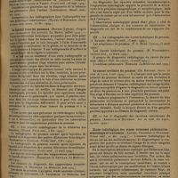 0851 - Page 843 - Analyses et indications bibliographiques. La radiologie en 1929 ; par Louis Delherme... Et P. Thoyer-Rozat... Poumons. Coeur. Etude radiologique et anatomique du médiastin. Contribution à l'étude de l'adénopathie trachéo-bronchique. (Ch. Lestocquoy et R. Lehmann. Journ. de radiol...) / Le lipiodol dans les poumons. (Reynes... Congrès pour l'avancement des sciences...) / Contribution à l'étude radiologique des opacités arrondies intrathoraciques. (G. Peuteuil. Th. de Paris...) / Le cancer cavitaire du poumon. (Ch. Roubier. Journ. de méd. de Lyon...) / Etude radiologique des stases veineuses pulmonaires : séméiologie et traitement. (Laubry, Chaperon et Séjourne. Presse méd...)