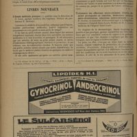 0872 - Page 864 - Thérapeutique pratique. Le pyrèthre, pharmacodynamie et thérapeutique ; par le Docteur J. Chevalier / Livres nouveaux. L'année médicale pratique, publiée sous la direction de C. Lian... Préface du Professeur E. Sergent / Traitement des affections neuro-cutanées. Prurits, dermites provoquées ou simulées, dermatoses neuro-humoro-circulatoires, infections neuro-cutanées, par E. Juster... Préface de M. A. Louste...