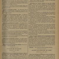 0975 - Page 967 - Sociétés savantes. Société de chirurgie. (Séance du 11 juin 1930). Fistule duodénale consécutive à une suture d'ulcère perforé. Duodénectomie. Guérison. M. Moulonguet, rapport de M. Okinczyc / Appareil à projections de films. M. Mouchet, appareil de M. Lepennetier / Torsion d'une frange graisseuse du côlon. M. Mondor, travail de M. Braine / Récidive des papillomes de la vessie. M. Pierre Bazy / Le salol comme antiseptique urinaire. M. Bazy / Société de biologie. (Séance du 31 mai 1930). Clasines mycéliennes et clasines microbiennes. Mode de préparation d'une clasine polyvalente contre les infections cutanées. MM. Jausion et Boidé / Obtention d'une clasine tuberculeuse injectable à l'animal et à l'homme. MM. Jausion et Boidé / Recherches sur l'action toxique du sang des épileptiques. M. Ph. Pagniez / Action du sérum humain sur le trypanosome du Debab marocain. MM. L. Nattan-Larrier et B. Noyer / Election. M. Laudat / Société de médecine de Paris. (Séance du 22 mars 1930). Essai d'une méthode de diagnostics et de traitements en série dans un dispensaire. M. L. F. Destouches / Diagnostic des tumeurs cérébrales par la ventriculographie. M. T. de Martel