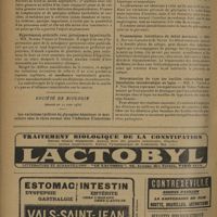 0996 - Page 988 - Sociétés savantes. Société médicale des hôpitaux. (Séance du 6 juin 1930). Histopathologie de deux poumons tuberculeux collabés par pneumothorax artificiel. Contribution à l'étude de certaines réactions épithéliales péribronchiques. MM. G. Caussade et Pierre Isidor / Hypertension artérielle avec paroxysmes hypertensifs. MM. Monier-Vinard et Desmaret / Société de biologie. (Séance du 14 juin 1930). Les variations tardives du glycogène hépatique et musculaire chez le chien normal sous l'influence d'injections répétées d'insuline. MM. F. Rathery et Mlles S. Gibert et Y. Laurent / Transmission héréditaire du débab marocain. MM. L. Nattan-Larrier et B. Noyer / Détermination du type des bacilles tuberculeux par inoculation intradermique au lapin. MM. J. Valtis et F. Van Deince, expériences de Tadao Toda