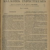 1073 - Page 1065 - Analyses et indications bibliographiques. Maladies infectieuses sous la direction de M. André Lemierre... ; par P. Adida. Tuberculose. Clinique. La périlobulite tuberculeuse. Le rôle des voies lymphatiques dans le processus de tuberculose pulmonaire interstitielle de l'adulte. (E. Sergent. Presse méd...) / Un essai allemand de traitement diététique de la tuberculose pulmonaire. Le régime de Gerson. (J. Mouzon. Presse méd...)