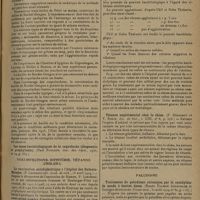 1085 - Page 1077 - Analyses et indications bibliographiques. Maladies infectieuses sous la direction de M. André Lemierre... ; par P. Adida. Coqueluche. Le diagnostic bactériologique de la coqueluche. Sa facilité et son intérêt. (R. Debré, J. Marie et H. Pretet. Presse méd...) / Toxi-infections. Diphtérie. Tétanos. Choléra. La vaccination antidiphtérique à l'Hôpital des Enfants-Malades. (P. Lereboullet. Acad. de méd...) / Sérum de convalescence de choléra. Variabilité de sa richesse en anticorps spécifique. Son emploi en thérapeutique. (A. C. Ukil et S. R. Guha Thakurta. Soc. de biol...) / Tétanos expérimental chez le chien. (P. Descomby et V. Robin. Soc. de biol...) / Paludisme. Traitement du paludisme chronique par le cacodylate de soude à hautes doses. (Renée Ullman Apostolon et Georges Apostolon. Presse méd...)