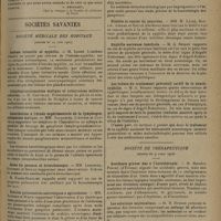 1163 - Page 1155 - Congrès des médecins aliénistes & neurologistes de France et des pays de langue française. (XXXIVe session). Lille, 21-26 juillet 1930. C. Question d'assistance. L'application de la loi sur les assurances sociales aux malades atteints de maladies mentales. Rapport de M. Albert Calmette... / Sociétés savantes. Société médicale des hôpitaux. (Séance du 27 juin 1930). Asthme infantile et syphilis. M. Lesné / Lymphogranulomatose maligne et tuberculose miliaire associées. M. Codvelle / Contribution à l'étude expérimentale de la lymphogranulomatose maligne. MM. Sacquépée, Liégeois et Codvelle / Abcès du poumon et bronchoscopie. MM. Lemierre, Kindberg et Soulas / Nodules pulmonaires nécrotiques à spirochètes. MM. Rathery et Waitz / Diabète et cancer du pancréas. MM. M. Labbé, Boulin, Azerad et Soulié / Syphilis nerveuse familiale. M. A. Sézary / Les échecs du traitement préventif tardif de la neuro-syphilis. M. A. Sézary / Société de thérapeutique. (Séance du 9 avril 1930). Accidents graves dus à l'aurothérapie. M. Maurice Peigné... / Les solutions multisalines. M. R. Huerre / Sur la localisation encéphalique des hypnagogues barbituriques (recherches expérimentales). MM. André Tardieu et F. Lafarge