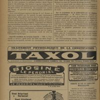1164 - Page 1156 - Sociétés savantes. Société de thérapeutique. (Séance du 9 avril 1930). Sur la localisation encéphalique des hypnagogues barbituriques (recherches expérimentales). MM. André Tardieu et F. Lafarge / Contrôle duodénal de certains laxatifs. MM. G. Parturier et Audouy / Sur le traitement de la tuberculose par un complexe organo-métallique. M. Pierre Reynier