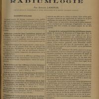 1205 - Page 1197 - Analyses et indications bibliographiques. Radiumlogie ; par Simone Laborde... Radiophysiologie. Modifications produites dans l'épithélium séminal par les rayons β de l'uranium X. (A. Lacassagne, I. Lattes et G. Fournier. Soc. de biol...) / Indépendance de l'action locale du radium sur la cellule en mitose et de son action générale sur le milieu humoral. (Reding et Slosse. R. C. de la Soc. de biol...) / A propos de la radiosensibilité des épithéliomas glandulaires. (S. Laborde, R. Huguenin et F. Aman-Jean. Bull. de l'Assoc. fr. pour l'étude du cancer...) / Trois cancers du corps thyroïde. Structure histologique et radiosensibilité. (René Huguenin et Yves-Louis Wickham. Bull. de l'Assoc. franç. pour l'étude du cancer...)