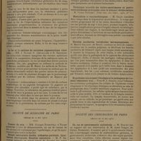 1305 - Page 1297 - Sociétés savantes. Société de biologie. (Séance du 21 juillet 1930). Essais de radiothérapie sur la moelle osseuse chez des sujets présentant une hypertrophie dite idiopathique du coeur accompagnée ou non de polyglobulie. MM. J. Paviot, P. Japiot, A. Josserand, R. Chevallier et A. Lévy / Expectoration sidérofère et fragilité sanguine. MM. J. Paviot, R. Chevallier et H. Badinand / Le fer et le carbone de certaines pigmentations viscérales. MM. J. Paviot, R. Chevallier et H. Badinand / Société de médecine de Paris. (Séance du 24 mai 1930). Tumeur du sein. MM. Georges Rosenthal et Naame / Ectopie testiculaire double, abdomino-pariétale. Intervention chirurgicale. Résultat opératoire. M. P. Séjournet / Mastoïdites et vaccinothérapies. M. Grain / Hernies nucléaires vertébrales intraspongieuses. M. Marcel Galland... / Hypothèses concernant l'étiologie et la pathogénie de l'eczéma vésiculeux vrai. M. A. Desaux / Société des chirurgiens de Paris. (Séance du 16 mai 1930). Un cas de gynécomastie unilatérale. M. Buquet, observation de M. Aurel Dragos... / Propulsion de l'utérus dans la paroi vésicale par un double kyste de l'ovaire droit. Pseudo-tumeur vésicale. M. R. Bonneau, observation de M. Bellanger...
