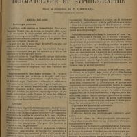 1465 - Page 1457 - Analyses et indications bibliographiques. Dermatologie et syphiligraphie. Sous la direction de P. Gastinel... I. Dermatologie. Pathologie générale. L'équilibre acido-basique en dermatologie. (Spillmann, Drouet et Vérain. Ann. de dermat. dt de syphil...) / Les phénomènes de choc dans l'urticaire. (P. Vallery-Radot et Rouquès. Ann. de dermat. et de syphil...) / Clinique. Poïkilodermie et poïkilodermatomyosite. (André Petges. Th. de Bordeaux, 1930 ; Cadoret, édit.) / Poïkilodermatomyosite dans la jeunesse et dans l'enfance. (G. Petges et A. Petges. Ann. de dermat. et de syphil...) / Phosphorides cutanées. (Nicolas, Gaté et Roussel. Ann. de dermat. et de syphil...) / Sur les dermatoses chroniques streptococciques. (Sabouraud. Presse méd...)