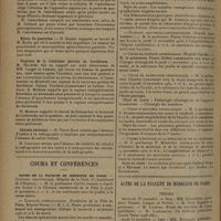 1602 - Page 1594 - Sociétés savantes. Société de chirurgie. (Séance du 22 octobre 1930). Synthèse dans la résection du genou. M. Robineau / Péritonites appendiculaires. M. Ombrédanne, un travail de M. Richard / Kyste du pancréas. M. Basset, travail de M. Bachy / Rupture de la troisième portion du duodénum. M. Mathieu, observation de MM. Larget et Lamare / Calculs vésicaux. M. Pierre Bazy / Cours et conférences. Cours de la Faculté de médecine de Paris / Actes de la Faculté de médecine de Paris. Thèses