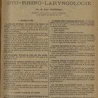 1649 - Page 1641 - Analyses et indications bibliographiques. Oto-rhino-laryngologie ; par M. Paul Truffert... I. Généralités. La chirurgie esthétique. Les droits et les devoirs du chirurgien. (Sebileau. Ann. des mal. de l'oreille...) / Traitement de certaines céphalées par l'effluvation de haute fréquence. (H. Caboche. Arch. intern. de laryngol., d'oto-rhinol., des bronches et de l'oesophage...) / La réaction de Roffo. (G. Portmann. Revue de laryngol. et d'oto-rhinol, 51e année...) / II. Fosses nasales et sinus. Au sujet du prolapsus de la muqueuse des sinus du nez dans la fosse nasale correspondante, avec description de deux nouveaux cas cliniques. (S. Citelli-Catane. Revue de laryngol. et d'oto-rhinol... / La céphalée dans la migraine ophtalmique. (H. Cantilo... Revue de laryngol. et d'oto-rhinol...) / Anatomie chirurgicale du sinus maxillaire. (D. Harry Neivert... Laryngol...) / Opération radicale de sinusite maxillaire. (D. E. Ross Faulkner... Laryngol....) / Sur une forme rare de syphilis nasale. (J. Nouailhac... Revue de laryngol. et d'oto-rhinol...) / Contribution à l'étude des épithéliomas adamantins du maxillaire supérieur. (Th. Lecourt. Ann. des mal. de l'oreille...)