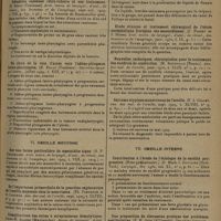 1655 - Page 1647 - Analyses et indications bibliographiques. Oto-rhino-laryngologie ; par M. Paul Truffert... V. Bouche. Pharynx. Cou. Contribution à l'étude des kystes branchiaux de la région latérale du cou. (G. L. Bosdeveix. Ann. des mal. de l'oreille...) / Rétention caséeuse rétro-tubaire et son traitement. (E. Escat... Arch. intern. de laryngol., d'otol., de rhinol., des bronches et de l'oesophage...) / Du choix de la voie d'accès vers l'adéno-phlegmon latéro-pharyngien. (E. Escat... Oto-rhino-laryngol. intern...) / VI. Oreille moyenne. Sur une forme particulière de mastoïdite aiguë. (H. P. Chatellier. Arch. intern. de laryngol., d'otol., de rhinol., des bronches et de l'oesophage...) / De l'importance primordiale de la ponction exploratrice de l'oreille moyenne chez le nourrisson. (Ph. Panneton et D. Longpré. Ann. des mal. de l'oreille...) / Complications des otites à streptococcus hémolytique. (Justo M. Alonso... Revue de laryngol., d'otol. et de rhinol...) / Torticolis consécutif aux interventions mastoïdiennes. (R. Bertoin... Ann. des mal. de l'oreille...) / La paralysie faciale transitoire dans la chirurgie de l'apophyse mastoïde sous anesthésie locale. (José Duerto... Revue de laryngol., d'otol. et de rhinol...) / Etude clinique et traitement chirurgical de l'abcès encéphalique d'origine oto-mastoïdienne. (J. Piquet et J. Minne. Arch. intern. de laryngol., d'otol., de rhinol., des bronches et de l'oesophage...) / Nouvelles techniques chirurgicales pour le traitement des surdités de conduction. (M. Sourdille... Ann. des mal. de l'oreille...) / Sarcome atypique monstrueux de l'oreille. (F. J. Collet. Ann. des mal. de l'oreille...) / VII. Oreille interne. Contribution à l'étude de l'étiologie de la surdité progressive. [Note préliminaire]. (D. Mark J. Gottlieb... Laryngol...) / Pathogénie et traitement chirurgical du vertige de Ménière. (H. Aboulker... et P. Sudaka. Ann. des mal. de l'oreille...)