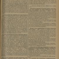 1659 - Page 1651 - Sociétés savantes. Société de biologie. (Séance du 8 novembre 1930). L'action d'un immun-sérum anti-endotoxique sur la septicémie expérimentale déterminée par le bacille paratyphique B. MM. J. Reilly, V. Rivalier et V. Stefanesco / Sur les modifications de l'excrétion pancréatique consécutive à l'hyperglycémie des centres encéphaliques. M. René Gayet et Mlle Maylis Guillaumie / Sur les propriétés des complexes savonneux de métaux lourds. M. Maurice Renaud / Sur le pouvoir pathogène du bacille diphtérique. Moyens d'étude. MM. G. Ramon, Robert Debré et P. Thiroloix / Sur le pouvoir pathogène du bacille diphtérique. Son déterminisme : virulence et pouvoir toxigène. MM. G. Ramon, Robert Debré et P. Thiroloix / Société de biologie de Lyon. (Séance du 20 octobre 1930). Contractions toniques et cliniques tardives après injection intra-cranienne de toxine diphtérique chez des cobayes sensibilisés à cette toxine. MM. F. Arloing, A. Josserand et P. Durand / Blocage et choc anaphylactique à la toxine diphtérique chez le cobaye. MM. F. Arloing, A. Josserand et P. Durand / Irrétractilité du caillot sans diminution du nombre des plaquettes au cours du syndrome « bronchite chronique et emphysème ». MM. J. Paviot et R. Chevallier / Azotémie au cours de l'intoxication expérimentale par la trypaflavine chez le lapin. MM. M. Lereat et A. Badinant