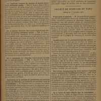 0031 - Page 27 - Sociétés savantes. Société de biologie. (Séance du 22 novembre 1930). Pouvoir pathogène essentiel de bacilles diphtériques isolés au cours de l'épidémie parisienne récente. MM. G. Ramon, Robert Debré et P. Thiroloix / Sur l'aptitude toxigène des souches du bacille diphtérique récemment isolées. MM. G. Ramon, Robert Debré et P. Thiroloix / Sur le pouvoir floculant des toxines diphtériques provenant de souches récemment isolées. MM. G. Ramon, Robert Debré et P. Thiroloix / Sur le mécanisme de l'infection tuberculeuse inoculée par la voie péritonéale. MM. A. Boquet et A. Saenz / Application de la méthode de purification des cultures mixtes, de d'Hérelle, à la recherche de nouvelles races de streptophages. M. Vladimir Sertic / Action des anesthésiques sur les réflexes vaso-moteurs. MM. Charles Richet fils et Jean Dublineau / Société de médecine de Paris. (Séance du 18 novembre 1930). Tuberculose et psychose. M. Auguste-Marie / Considérations sur la protéinothérapie des cancers. M. Rubens-Duval / Sur l'action thérapeutique du sucre associé à l'insuline dans le traitement de l'insuffisance cardiaque. MM. René Giboux et Kysthinios / De la valeur du signe d'Emphis chez les nourrissons. M. Pierre Robin / Rétrécissement mitral et troubles phonatoires. MM. André Tardieu et R. Grain