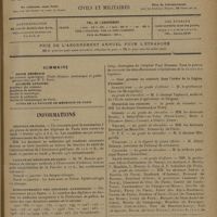 0069 - Page 65 - Sommaire / Informations. Hôpitaux de Paris / Faculté de médecine de Paris / Enregistrement des diplômes. Statistique. Département de la Seine / Facultés de médecine. Marseille / Légion d'honneur. Agriculture / Ministère des pensions / Guerre / Travail / Finances / Colonies / Santé publique