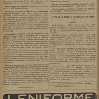 0086 - Page 82 - Sociétés savantes. Société de pédiatrie. (Séance du 16 décembre 1930). Essai de traitement de l'eczéma du nourrisson par la désensibilisation spécifique. M. Woringer / Hérédité d'une mutilation acquise. M. V. Cathala / Perforation vésiculaire au cours d'une typhoïde grave. Opération. Guérison. MM. Fèvre, Liège et Folliasson / Injections intraveineuses de sérum associées à la sérothérapie classique dans le traitement de la diphtérie maligne. MM. H. Janet et M. Haik / Fréquence des porteurs de germes diphtériques chez des rougeoleux. Leur désinfection par le novarsenobenzol. MM. Nobécourt et Jean Lereboullet / Société de stomatologie de Paris. (Séance du 18 novembre 1930). Présentation de malades / Actes de la Faculté de médecine de Paris. Thèses
