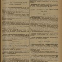 0195 - Page 191 - Sociétés savantes. Société de chirurgie. (Séance du 28 janvier 1931). Présentation de radiographies / Société de médecine de Paris. (Séance du 29 novembre 1930). Une bonne méthode d'anesthésie générale. MM. Pascalis et Garrelon / Ce que nous savons du terrain cancéreux. M. Lematte / Le rôle des médecins canadiens dans la diffusion de l'influence française. M. Laquerrière / (Séance du 12 décembre 1930). L'estomac en trèfle. M. Bécart / Le traitement médical de l'appendicite. M. René Gaultier / Du danger des cures alcalines chez les infectés urinaires. M. Charles David Bureau pour 1931 / Société médicale et anatomo-clinique de Lille. (Séance du 25 novembre 1930). Des modifications de la calcémie, observées chez l'homme, après radiothérapie. MM. Langeron, Desplats, Paget et Quéméré / (Séance du 2 décembre 1930). L'électro-coagulation dans le lupus des fosses nasales, méthode de choix. (Présentation de malade). M. Didier / Fracture de l'humérus avec paralysie radiale traitée par ostéosynthèse. (Présentation de malade). MM. Courty et Callens / Uretère bifide et hydronéphrose infectée dans le bassinet inférieur. M. Lepoutre