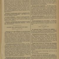 0355 - Page 351 - Société savantes. Société de pédiatrie. (Séance du 20 janvier 1931). Résultats de la radiothérapie dans la poliomyélite. M. Duhem / Anémie totale subaiguë chez un enfant. MM. Coste, Semelaigne et Schwob / La tétanie au Mexique / Société des chirurgiens de Paris. (Séance du 9 janvier 1931). Technique de la rachi-anesthésie à la percaïne d'après plus de 500 cas. M. G. Luquet / Fibro-kystique pédiculé du col de l'utérus. M. Muller... / Ostéomyélite aiguë au tiers inférieur du fémur. Incision de l'abcès superficiel sans trépanation osseuse. Guérison. M. Hautefort / Blocage sous-arachnoïdien (anesthésie spinale) pour les opérations sur le foie et les voies biliaires. M. Gaston Labat... / Un cas d'iléus biliaire. M. René Bonamy / Pneumo-méninge traumatique. M. Petit de la Villéon / Projectile cardio-pulmonaire. M. Petit de la Villéon / Fracture pathologique du col du fémur. M. Brodier / (Séance du 6 février 1931). La diathermie dans le traitement des phlébites. M. Vignal / Traitement des varices par l'éther. M. Hautefort / Visage d'une fracture de l'olécrâne sous anesthésie locale. M. Dupuy de Frenelle / Quelques résultats de résection du nerf présacré. M. J. Lanos / A propos d'un kyste du sein. M. R. Français