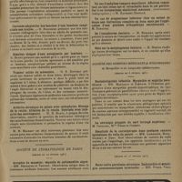 0511 - Page 507 - Sociétés savantes. Société des chirurgiens de Paris. (Séance du 20 février 1931). Occlusion du grêle à la suite d'une gastro-entérostomie postérieure. M. Hautefort / La voie d'abord sus-rotulienne dans la chirurgie du genou. M. Raphaël Massart / Curieuse adaptation des hanches d'une luxation congénitale non traitée. M. Roederer / Résultat éloigné d'une autoplastie par lambeau. M. Burty / Tumeur solide du mésentère. M. R. Bonneau / Arthrite chronique du genou avec ostéophytes. Blocage de la rotule. Ablation de la rotule. Guérison avec intégrité des mouvements. M. H. Blanc / Société de stomatologie de Paris. (Séance du 24 février 1931). Atrophie du masséter, séquelle de poliomyélite aiguë. MM. Dechaume et Tardieu / De l'ionophorèse dentaire. M. Bernard / Note sur la morphogenèse dentaire. M. Herpin / Société des sciences médicales & biologiques de Montpellier et du Languedoc méditerranéen. (Séance du 6 février 1931). Encéphalopathie infantile. Myopathie et syphilis héréditaire. MM. Margarot et Zakhajm / Résultats de la curiethérapie dans quelques cancers épithéliaux du voile du palais. MM. Lamarque, Roux, Guibert et Bert / (Séance du 13 février 1931). Recto-colite purulente chronique. Endocardite et méningite pneumococciques terminales. MM. Puech, Vidal et Anselme-Martin