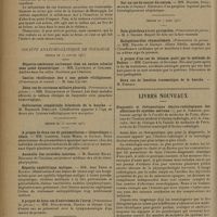 0654 - Page 650 - Sociétés savantes. Société de chirurgie de Toulouse. (Séance du 4 mars 1931). Fracture du cubitus et fracture du col du radius associées. M. Boularan / Société anatomo-clinique de Toulouse. (Séance du 17 janvier 1931). Hépatite amibienne survenant chez un ancien colonial sans passé dysentérique. MM. Cantegril et Guilhem / Deux cas de carcinose miliaire pleurale. (Présentation de pièces). MM. Stillmunkes et Gadrat / Subluxation congénitale bilatérale de la hanche. M. Raymond Dieulafé / (Séance du 31 janvier 1931). A propos de deux cas de pneumothorax « idiopathique » bénin. MM. Laporte, Louis Morel et Gayral / Anomalie des carotides internes. M. Maurice Escat / Hépatite syphilitique maligne. MM. Jean Tapie et Baudot / A propos de deux cas d'anévrisme de l'aorte. (Présentation de pièces). MM. Stillmunkes, Gadrat et Genies / (Séance du 21 février 1931). A propos de deux cas d'épithélioma spino-cellulaire du dos de la main et du pied. MM. Rieunau et Castex / Un diagnostic à faire à propos d'une hyperpyrexie. MM. Stillmunkes et Dupré / Sur un cas de cancer du caecum. MM. Dalous, Stillmunkes et Gadrat / (Séance du 7 mars 1931). Endopéricardite rhumatismale. (Présentation de pièces). MM. Dalous et Gadrat / A propos d'un cas de tétanos guéri par la méthode de Dufour. MM. Cantegrill et Guilhem / Livres nouveaux. Diagnostic et thérapeutique électro-radiologiques des affections du système nerveux, par A. Zimmern...