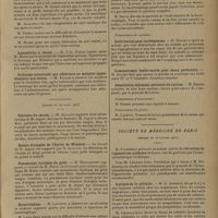 0739 - Page 735 - Sociétés savantes. Société de chirurgie. (Séance du 15 avril 1931). Voie d'accès antéro-latérale dans les lésions traumatiques intra-articulaires du genou. M. Gernez / Plaie infectée avec section du nerf radial. MM. Thalheimer et Marcel Blondin / Appendicite à chaud. M. J.-L. Faure / Occlusion intestinale par adhérence au moignon appendiculaire non enfoui. M. Fiolle / (Séance du 22 avril 1931). Volvulus du caecum. M. Alglave / Hernie étranglée de l'hiatus de Winslow. Le travail de M. Aigrot est rapporté par M. Alglave / Pneumatose kystique du grêle. M. Moulonguet rapporte ce travail de M. Hertz / Bactériophage. M. Lapointe / Présentation de malades. Intervention pour cardiospasme. M. Delbet / Laminectomie lombo-sacrée pour maux perforants. M. Delbet / Amputation abdomino-périnéale du rectum. M. Braine / Présentation d'instrument / Présentation de pièces/ Société de médecine de Paris. (Séance du 28 février 1931). A propos de la cellulite. M. G. Didsbury / Des sensibilisations thérapeutiques. M. Foveau de Gourmelles