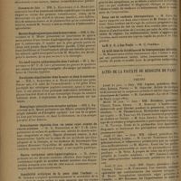 0922 - Page 918 - Sociétés savantes. Société de pédiatrie. (Séance du 21 avril 1931). A propos du pneumothorax thérapeutique chez l'enfant. M. Armand-Delille / Gommes du foie. MM. L. Babonneix et A. Miget / Hernie diaphragmatique chez le nourrisson. MM. L. Babonneix et A. Miget / Un cas d'hépato-splénomégalie chez l'enfant. M. L. Babonneix et Mlle F.-B. Lévy / Paralysie simultanées chez la mère et chez le nouveau-né. MM. L. Babonneix et A. Miget / Hémiplégie infantile avec atrophie optique. MM. L. Babonneix et A. Miget / Hématémèses répétées chez un jeune sujet atteint de choréo-athétose. M. L. Babonneix et Mlle F.-B. Lévy / Naevus variqueux ostéo-hypertrophique. M. Apert / Sensibilité actinique de la peau chez l'enfant. M. Saïdman / Maladie de Basedow et allaitement. M. Deglos / Péritonite à pneumocoques chez le nourrisson. M. Hallez / Deux cas de cachexie thérapeutique. M. Jules Renault / Le miel dans la diététique et la thérapeutique infantile. M. Momaguerra / Actes de la Faculté de médecine de Paris. Thèses