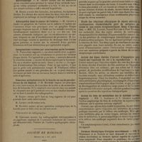 0970 - Page 966 - Sociétés savantes. Société de chirurgie. (Séance du 6 mai 1931). Pleurésies purulentes septiques chez les tuberculeux. M. Baumgartner, travail de MM. Fruchaud... et Bernon... / Bactériophage. M. Thiéry / Adénopathie dans le cancer de l'utérus. M. Leveuf / Invaginations traitées par intervention après lavement. M. Pouliquen / Résection ostéoplastique de la hanche en cas de pseudarthrose du col fémoral. M. Mathieu / Présentation de radiographies / Société de biologie. (Séance du 2 mai 1931). Conditions de conservation du virus desséché de l'encéphalomyélite enzootique (maladie de Borna). MM. S. Nicolau, I.-A. Galloway et Mme L. Kopriowska / Action de l'oléate de soude sur la perméabilité placentaire. MM. L. Nattan-Larrier, B. Noyer et L. Richard / Etude des réactions allergiques de sujets atteints de cardiopathies rhumatismales pour de certaines protéines et une toxine streptococciques. Essai d'immunisation. MM. Ch. Laubry, Daniel Routier et Paul Thiroloix / Action des doses élevées d'extrait d'hypophyse antérieure sur l'aptitude du rat à la reproduction. M. P. Lépine / Action du bleu de méthylène sur le système nerveux végétatif. MM. L. Garrelon et Y. Lecoeur / Ferment fibrolytique d'origine microbienne. MM. M. Weinberg et A. Randin