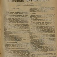 1037 - Page 1033 - Analyses et indications bibliographiques. Chirurgie orthopédique ; par M. Lance... Généralités. Malformations. Les stigmates congénitaux postérieurs de l'épaule. (Ombrédanne. Presse méd...) / Tuberculose osseuse. L'opération de Robertson-Lavallé dans les tuberculoses articulaires. (L Tavernier. Soc. de chir. de Lyon... Lyon chir...) / Rachis. Une lésion rachidienne rare. Ecrasement isolé d'un disque intervertébral. (R. Galli. Chir. degli org. di mov...) / Le nodule fibro-cartilagineux de la face postérieure des disques intervertébraux. Étude d'une variété nouvelle de compression radiculo-médullaire extradurale. (Th. Alajouanine et D. Petit-Dutaillis. Press. méd...)