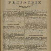 1137 - Page 1133 - Analyses et indications bibliographiques. Pédiatrie. Sous la direction de M. L. Babonneix... Affections genito-urinaires. Pyurie et bacillurie chez l'enfant. (J. W. Cumings. Brit. med. Journ...). [R. Levent] / Affections nerveuses. Radiothérapie et poliomyélite. (P. Duhem. Soc. de pédiatrie...). [R. Levent] / La valeur diagnostique et pronostique de l'examen du sucre dans le liquide céphalo-rachidien au cours des méningites chez l'enfant. (T. Mogilnicki. Congrès intern. de pédiatrie, Stockholm...). [R. Levent] / Affections respiratoires. Sur des cas exceptionnellement légers de tuberculose pulmonaire ouverte chez les enfants et les adolescents. (Bacillose pulmonaire stétoscopiquement muette). (J.-L. Burckhardt et A. Sattler [sanatorium pro Juventute-Davos]. Schw. med. Woch...). [R. Levent]