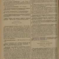 1162 - Page 1158 - Sociétés savantes. Société médicale des hôpitaux. (Séance du 5 juin 1931). Un cas d'anurie anaphylactique. MM. Tzanck et Weiller / (Séance du 12 juin 1931). Paralysie générale à évolution aiguë. MM. L. Marchand et A. Courtois / Rhumatisme aigu cérébral. Considérations anatomo-pathologiques. MM. E. Toulouse, L. Marchand et A. Courtois / Fièvre prolongée d'allure typhoïde chez un nourrisson après vaccination au B. C. G. MM. Jean Hutinel et Pierre Cantuéjoul / Deux observations de potomanes. MM. Marcel Labbé, Raoul Boulin, Krebs, L. Justin-Besançon et Uhry / Inefficacité des arsénobenzènes et du bismuth dans le traitement préventif tardif de la neuro-syphilis. M. A. Sézary / Société de biologie. (Séance du 6 juin 1931). Une nouvelle méthode cholémimétrique : la diazo-réaction limite pratiquée directement par le sérum sanguin. MM. E. Chabrol, R. Charonnat et A. Busson