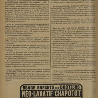 1164 - Page 1160 - Sociétés savantes. Société de biologie. (Séance du 6 juin 1931). Culture « in vitro » de l'ultravirus tuberculeux. MM. G. Sanarelli et A. Alessandrini... / Influence de la castration sur les variations saisonnières des combustions respiratoires chez le chien. MM. F. Maignon et J. Guilhon / Etude des effets cardio-vasculaires de l'embolie cérébrale expérimentale après la surrénalectomie. MM. M. Villaret, L. Justin-Besançon et S. de Sèze / Action expérimentale de certains éther-sels de la choline sur les effets cardio-vasculaires de l'embolie cérébrale expérimentale. MM. M. Villaret, L. Justin-Besançon et S. de Sèze / Les éléments filtrables des bacilles tuberculeux aviaires et des bacilles paratuberculeux. M. C. Ninni / Essai de culture des éléments filtrables des bacilles paratuberculeux. M. C. Ninni