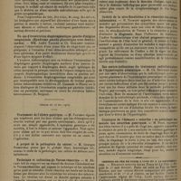 1182 - Page 1178 - Sociétés savantes. Société de médecine de Paris. (Séance du 8 mai 1931). A propos d'une tumeur bénigne de l'estomac à allure de tumeur maligne. MM. Legac, Bécart, Hirchberg / De l'évaluation de la résistance du malade avant une opération chirurgicale. M. Marcel Labbé / Un cas d'éventration diaphragmatique gauche d'origine congénitale. (Syndrome pseudo-pleurétique avec dextrocardie). MM. André Tardieu et Ch. Guilbert / (Séance du 23 mai 1931). Traitement de l'ulcère gastrique. M. Pauchet / A propos de la pathogénie du cancer. M. Georges Rosenthal / Technique et indication du Vernes-résorcine. M. Bécart, rapport sur un travail du Docteur Chauchard / La radio-diagnostic de la tuberculose vu à la lumière de la séro-floculation (résorcine) de Vernes. M. Leullier / Intérêt de la séro-floculation à la résorcine des sérums tuberculeux. M. Tilmant / Des contre-indications du traitement radiothérapique de l'hypertrophie prostatique. M. Ch. Guilbert / Constance de l'élément « catarrhe » en pathologie stomacale. Les catarrhes gastriques. M. Pron / Chemins de fer de Paris à Lyon et à la Méditerranée